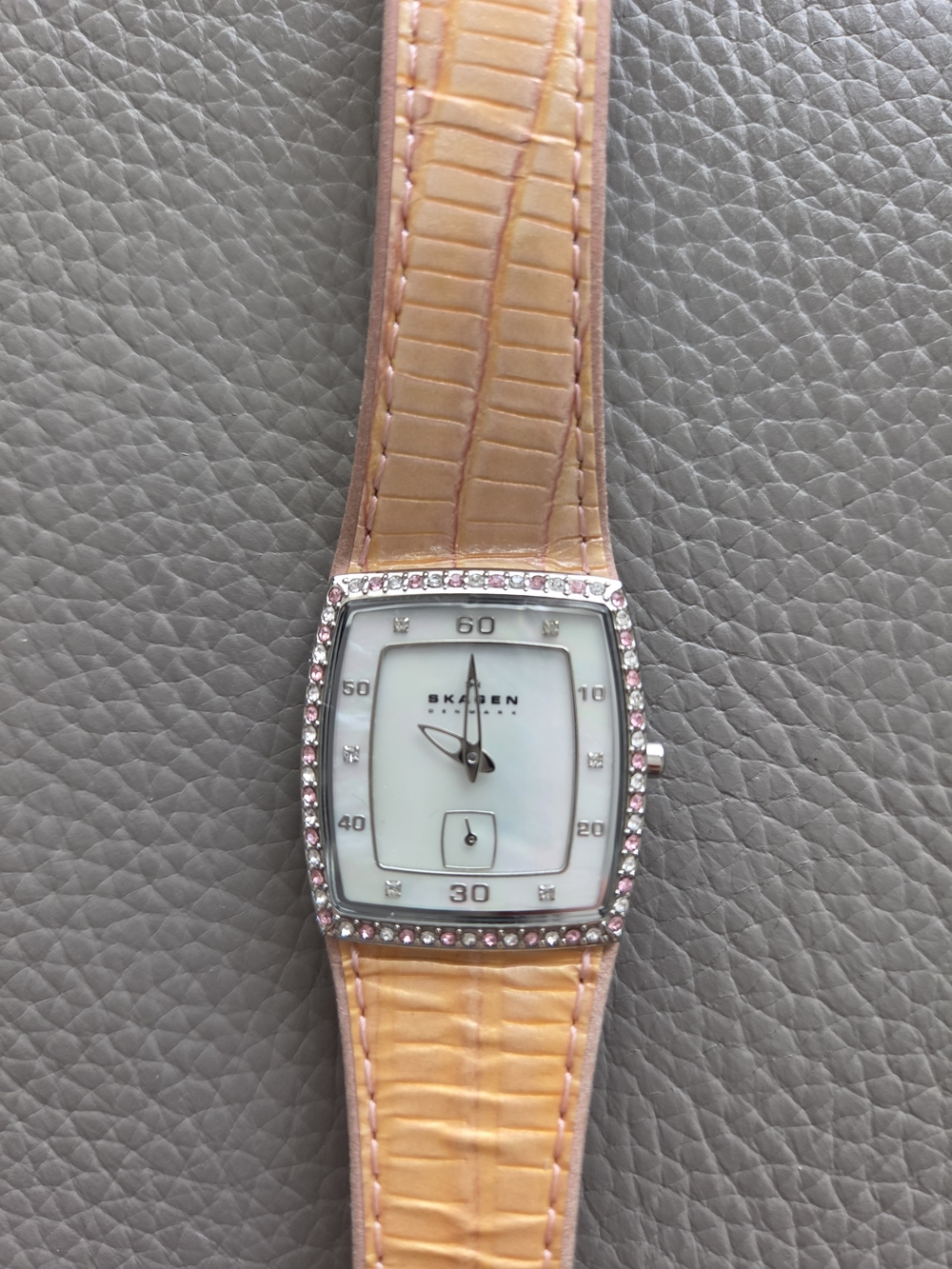 Skagen Silver Case with Peach Leather Strap and Pink Crystals